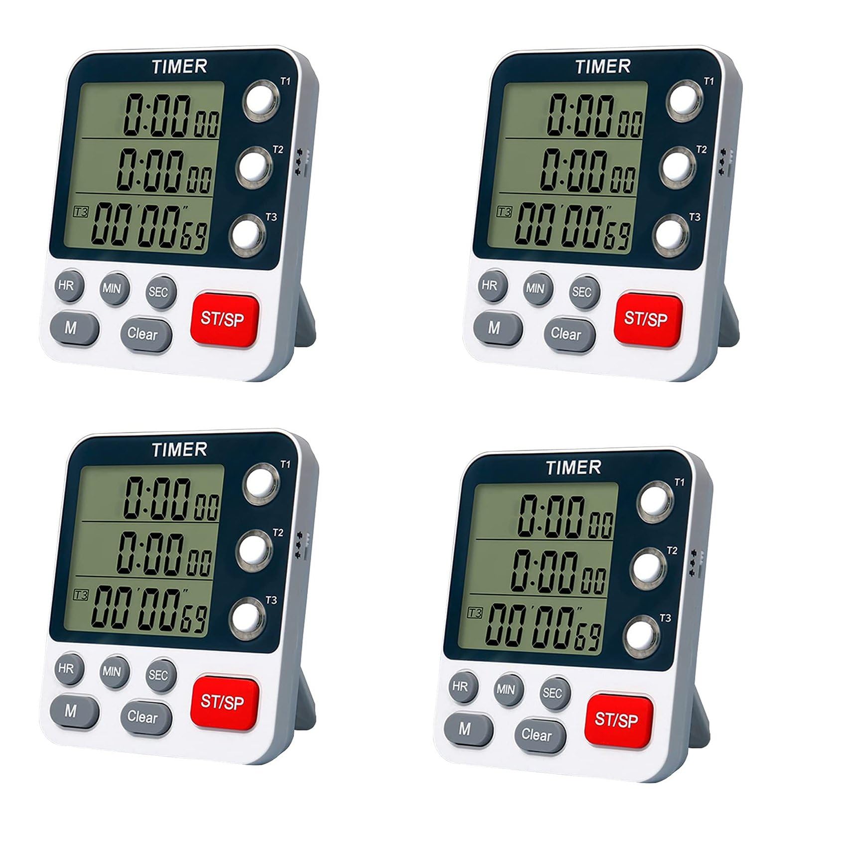 4X Temporizador de Cocina Doble Digital, Temporizador de Conteo Ascendente/Descendente de 3 Canales, Temporizador de CoccióN, Pantalla Grande, Alarma de Volumen Alto y Parpadeo
