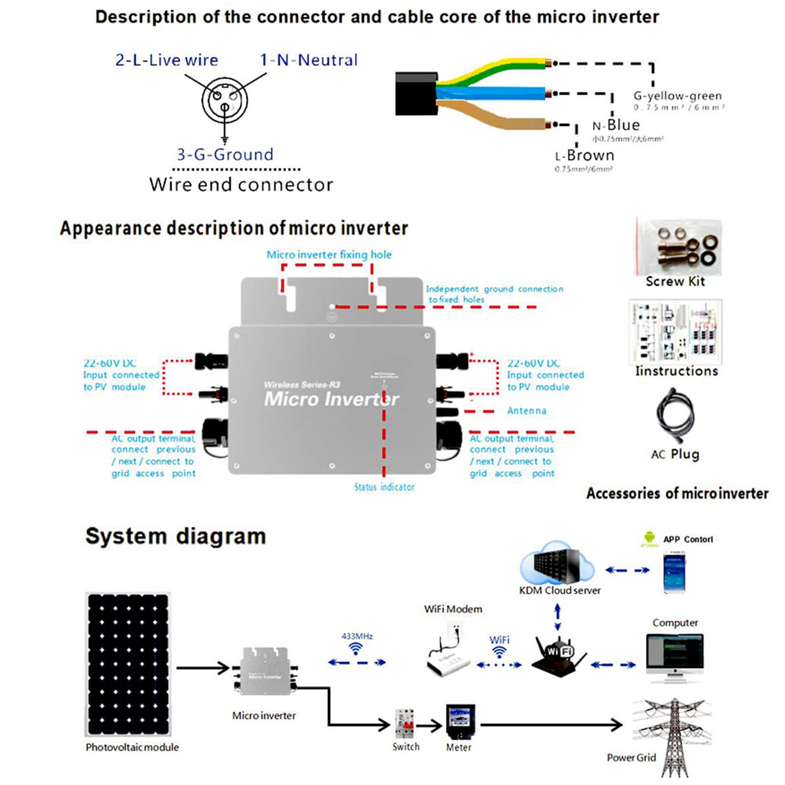 Inverter Di Rete,Micro Inverter Solare 600/700W,IP65 Impermeabile Controllo Wifi Autoraffreddamento 120/230V Identificazione Automatica Inverter,Micro Inverter Per Pannelli Solari,600W