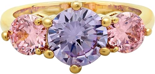 Vista 3 de The Bling Factory Gold Plated Three-Stone Round Pink & Light Lavender CZ Ring