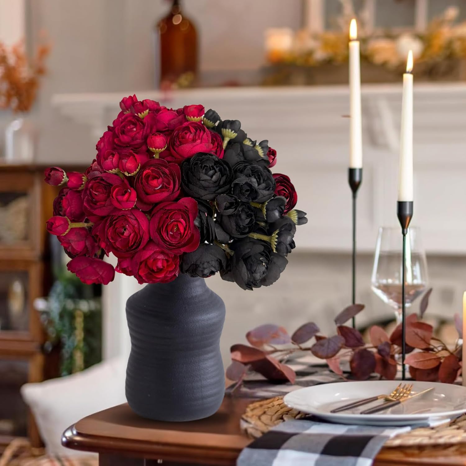 ASTRYAS Ranunculus Artificial Flower 24Pcs Red Silk Ranunculus Wedding Bouquet Engagement Centerpieces Arrangements Bridal Shower Decorations Home Decor, Dark Red/Black