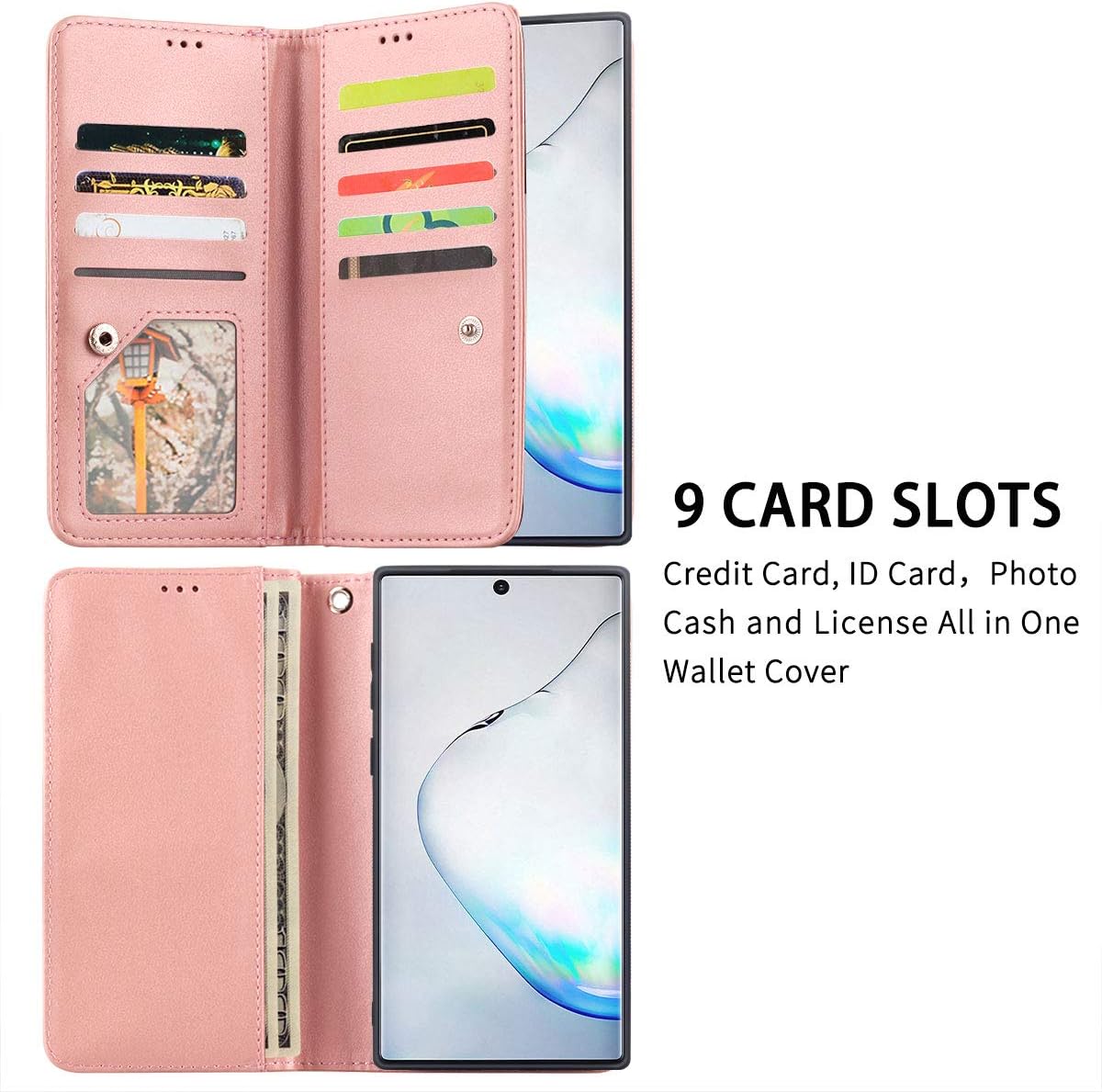 Petocase Compatible Galaxy Note 10 Plus Wallet Case,Luxury Bling Classy Leather Folio Flip Wristlet Shockproof Protective ID Credit Card Slots Holder Cover for Samsung Galaxy Note 10 Plus-Rose Gold