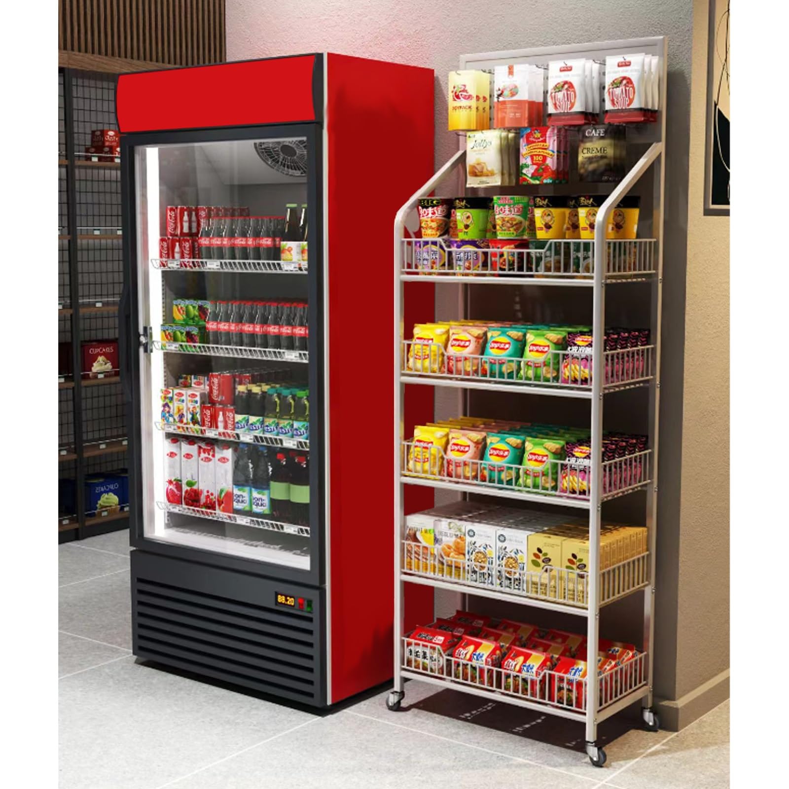 5-stöckiges Verkaufsregal aus Metalldraht für Supermärkte, ideal für Snacks, Süßigkeiten und Kartoffelchips, mit 15 Haken, Organizer für Kartoffelchips und Obst, für Haushalte, Kioske und Kü
