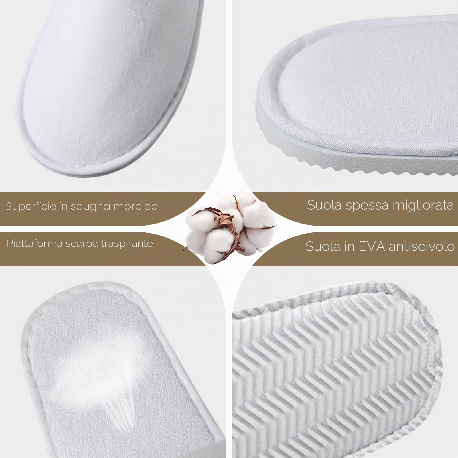 10 paia di slippers per Hotel Bianca Donna Uomo, Pantofole Antiscivolo Monouso, Pantofole Ospite, Punta chiusa, Ciabatte Unisex in Spa e Ospiti