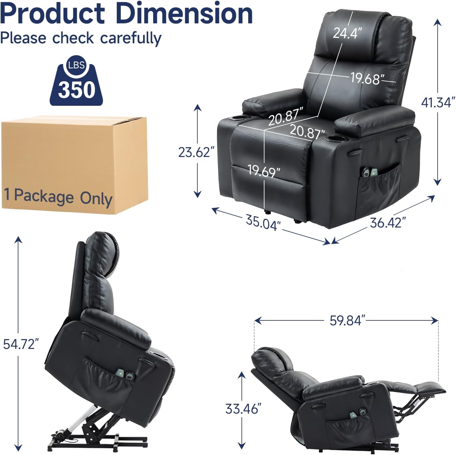 Brage Living Power Lift Recliner Chair for Elderly with Massage & Heat, PU Leather Electric Recliner with 160° Adjustable Recline, Stand Assist, Remote Control, Cup Holders & Side Pockets (Black)