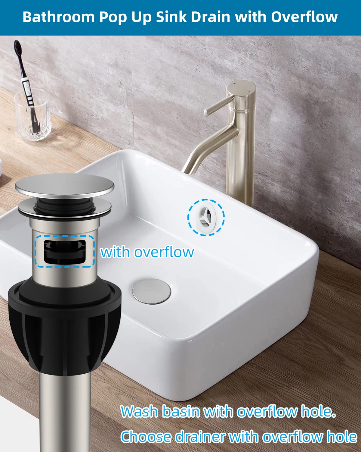 Hibbent 2 Stück Metall Badezimmer Waschbecken Abfluss mit Überlauf, Pop Up Abfluss mit abnehmbarem Stopper, Anti-Verstopfungs-Ablaufsieb, Chrom