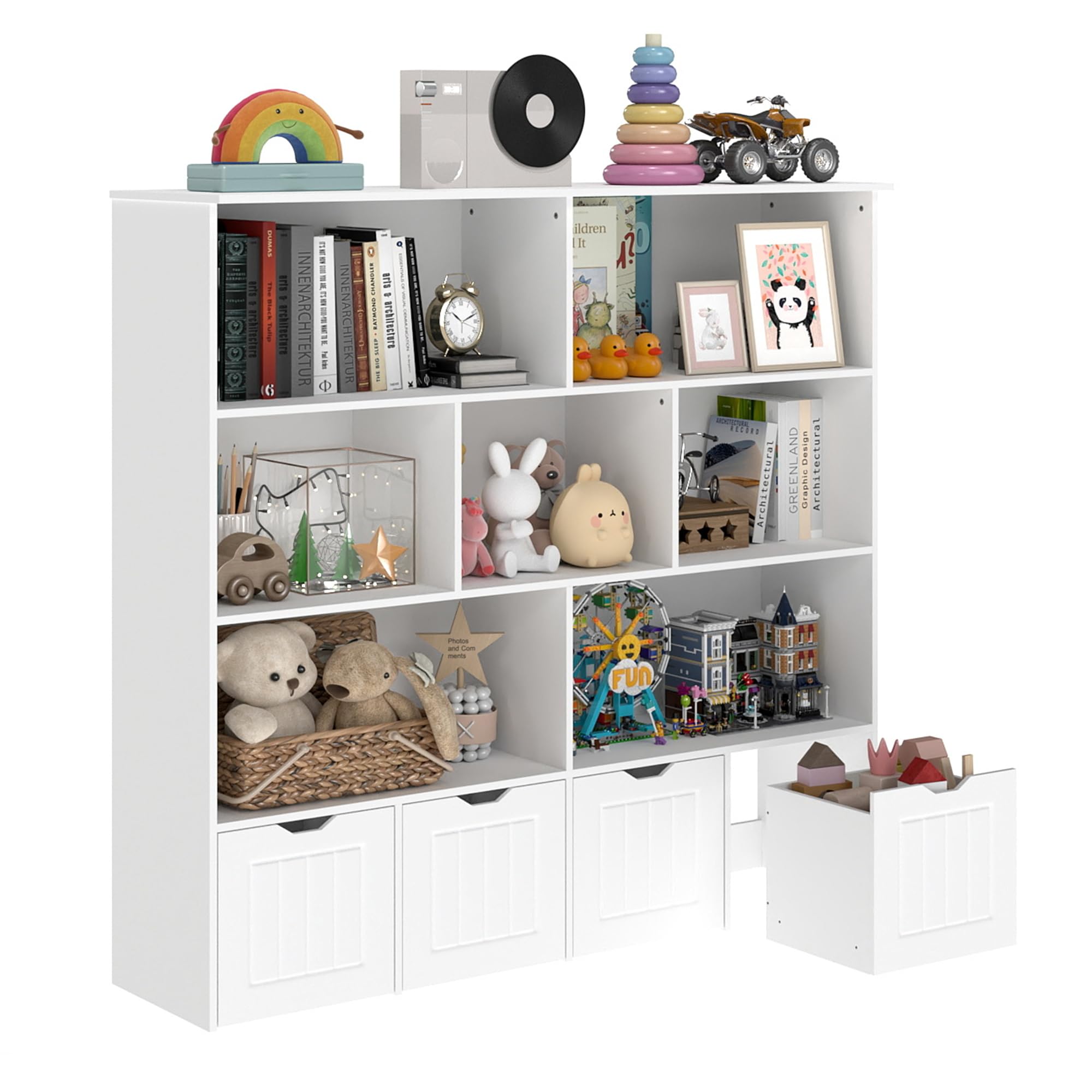1 Stück Kinderzimmerregal Bücherregal Kinder Weiß mit 4 Roll-Bücherkiste