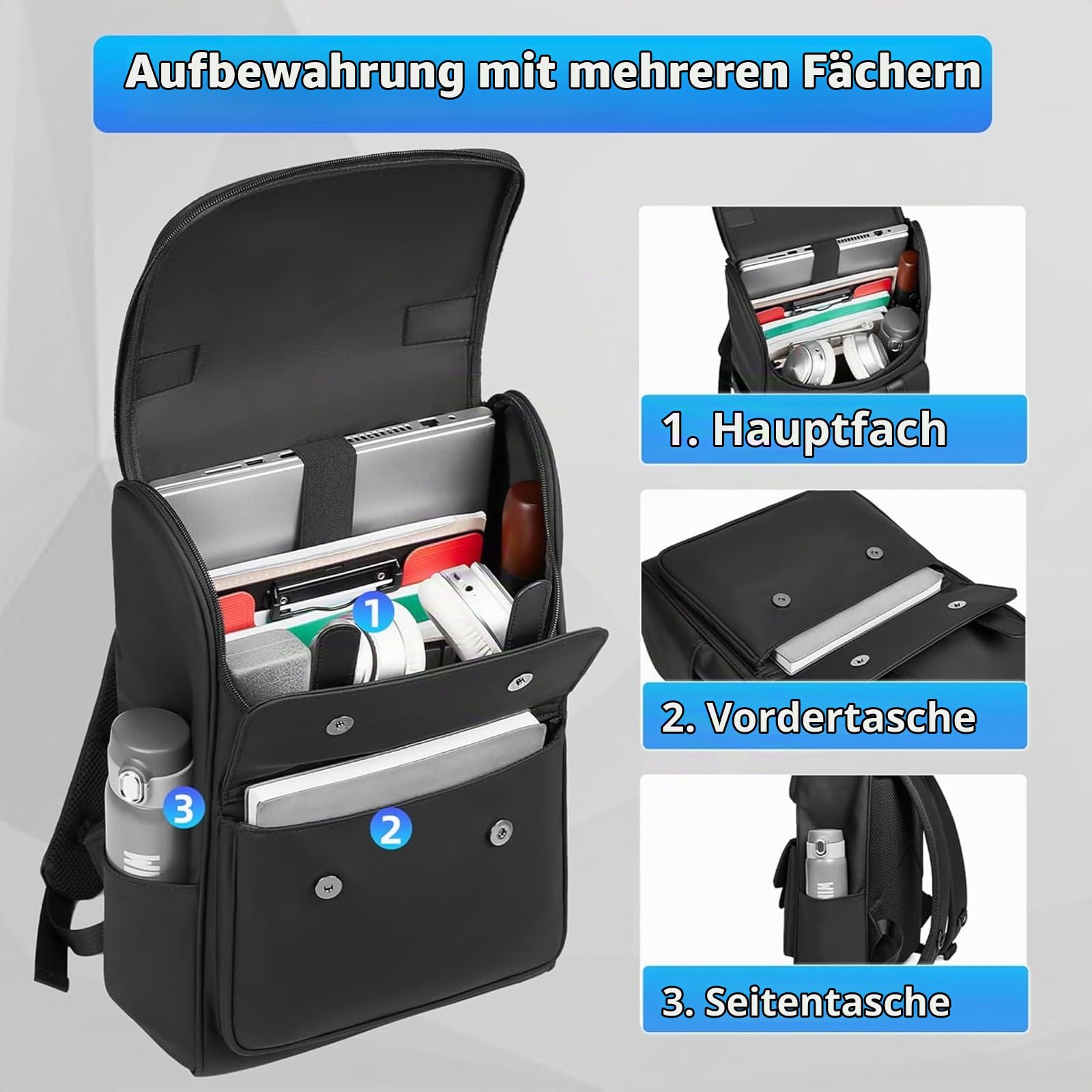 Business Rucksack Herren Wasserdicht 15,6 Zoll Laptop Rucksack Damen Arbeit Schulrucksack Mädchen Teenager für Freizeit Uni Reise-Schwarz