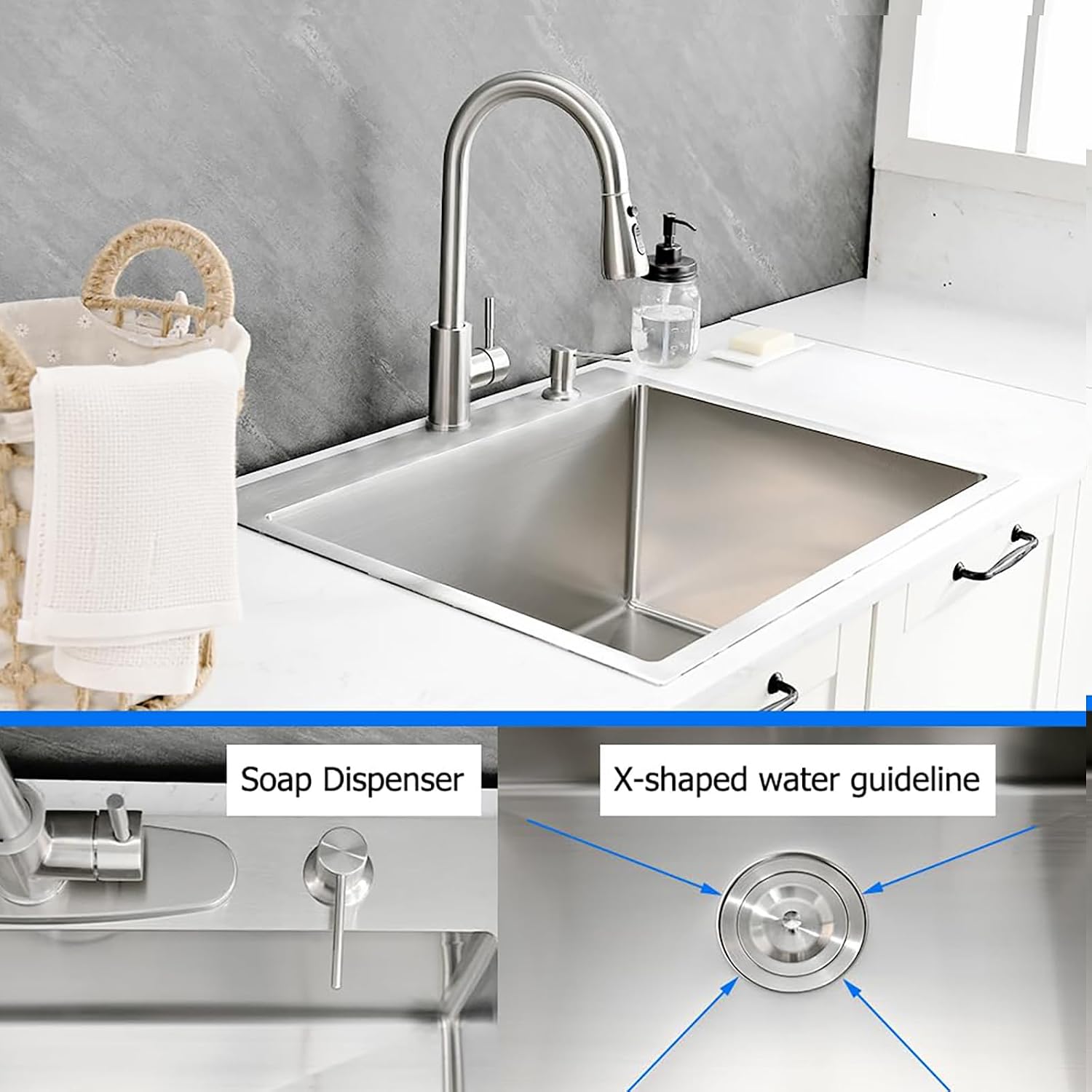 Drop in Laundry Sink, 25x22 Stainless Steel Utility Sink with Faucet 16 Gauge 12 Inch Extra Deep Single Bowl Laundry Room Basin with Soap Dispenser