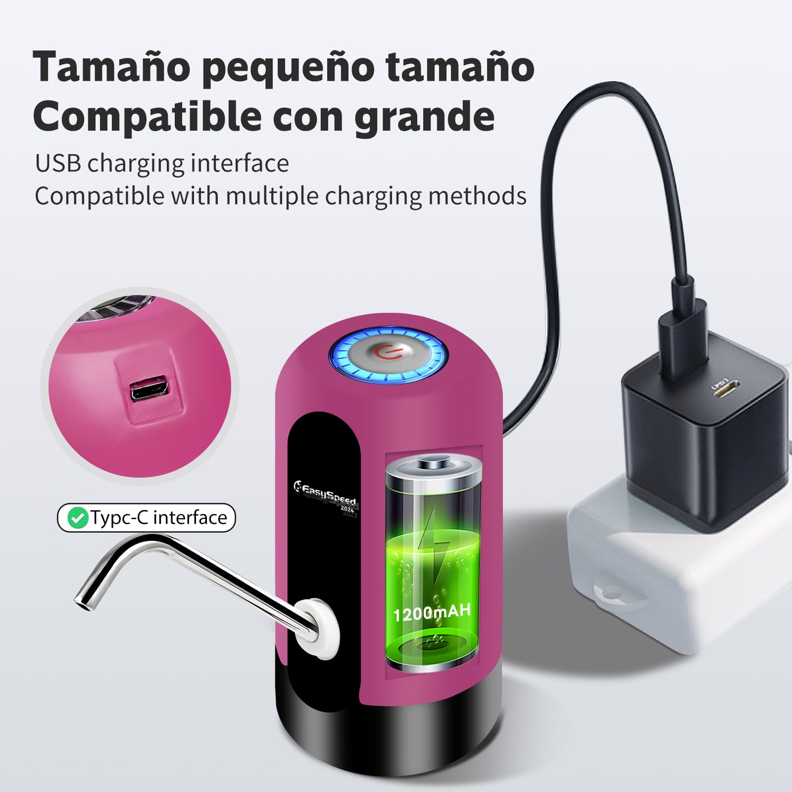 EASYSPEED Water Dspenser with 2 Adapters, USB Battery 1200 mAh, Tap Automatic Dosing Pump for Carafes and Bottles of 5 8 10 12 15 20 Liters for Offices and Schools, Carmine — view 4