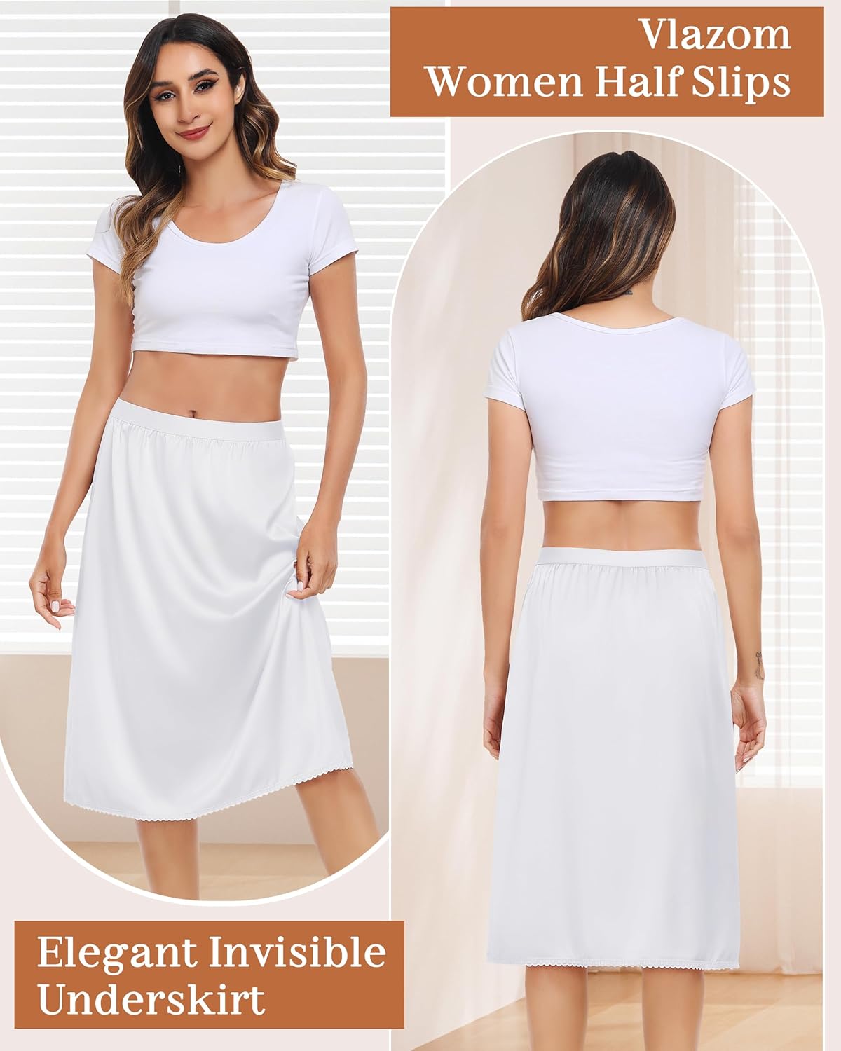 Vlazom Women's Satin Half Slip Lace Slip Skirt Long Half for Under Dress Skirt Extender S-XXL - Image 2