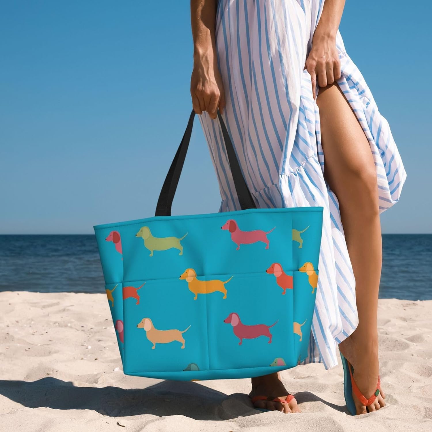 Cute Dachshound Dogs Print Large Capacity Beach Travel Bags with Zipper and Pockets for Travel Vacation Fitness