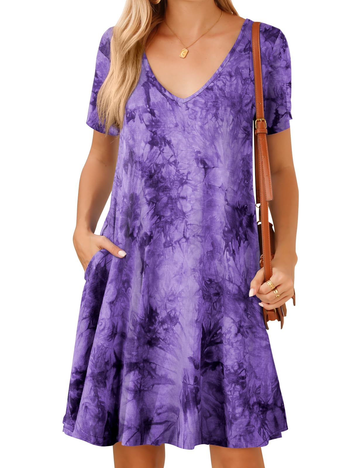 JollieLovin Women T Shirt Plus Size Summer Swing Dresses Short Sleeve V Neck Loose Casual Dress(L-5X)