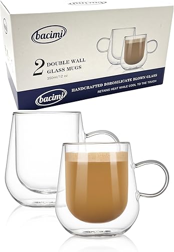 Bacimi Café de vidrio transparente soplado de borosilicato de doble pared, hecho a mano, con aislamiento de doble pared, capuchino, macchiato,