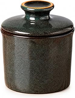 Pottery Butter Dish with Lid for Countertop, Rustic French Butter Crock with Water Line, Ceramic Butter Keeper Keeps Butter Soft & Spreadable at Room Temperature, 6.5 oz, Greenish Brown