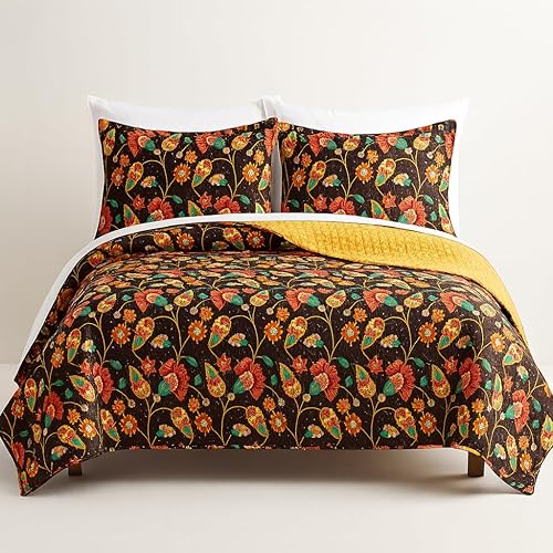 DaDa Bedding Collection Marigold's Elegant Autumn Garden - Juego de colcha reversible acolchada Brillante vibrante floral multicolor sólido mostaza