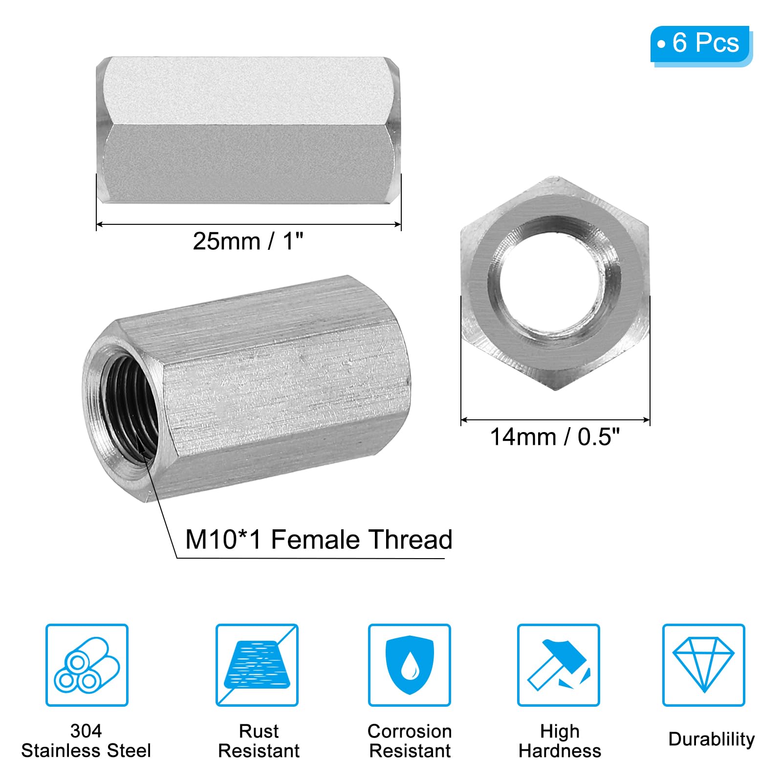 PATIKIL M10 x 1-Pitch 304 Stainless Steel Hex Coupling Nuts - Image 2