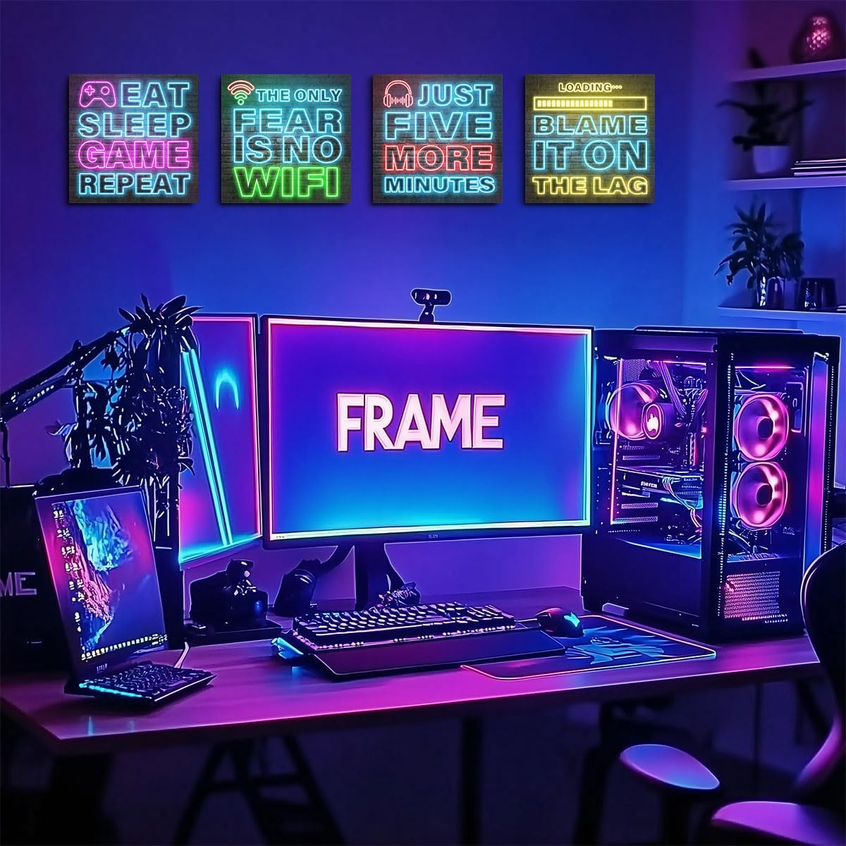 4 PCs Neon Video Gaming Posters Canvas Wall Art Framed Art Teen Boy Room Decor Game Room Decor Painting Modern Wall Decor Canvas Prints for Gamer Room Boys Room Bedroom Bar Home Decor