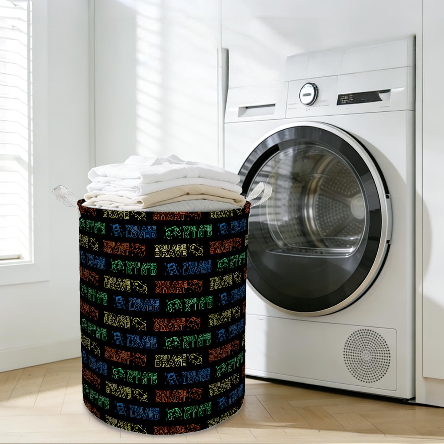 Neon Video Game Boys Laundry Basket Hamper, Inspirational Colorful Games Foldable Clothes Toys Books Storage Box Bins Baskets Organizer for Boys Nursery Playroom Bedroom Bathroom