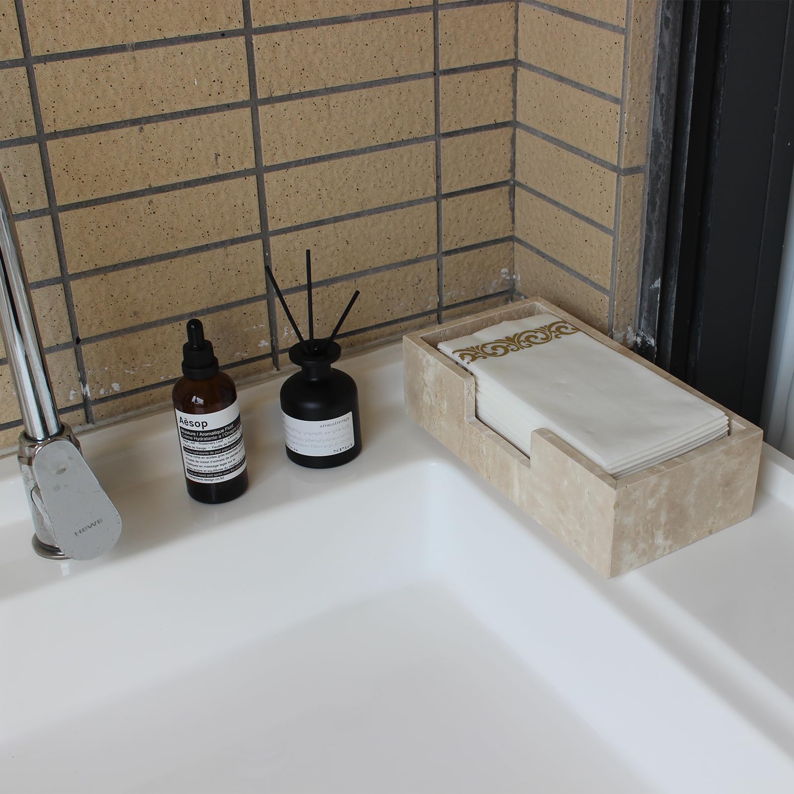 Servilletero rectangular de mármol travertino natural de 9.8 x 4.9 x 2.8 pulgadas, soporte para toallas de mano de invitados, cesta de mano de papel para baño/cocina/restaurante