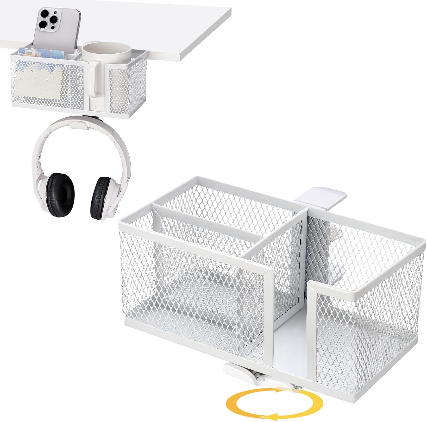 4 in 1 Metal Clip On Cup Holder Attachment for Gaming Desk or Table, Fits up to 40oz Cups, Sturdy and Easy to Clamp, Attachable Anti-Spill Cup Holder for Chair, Bedside, Bottles, Drinks - White