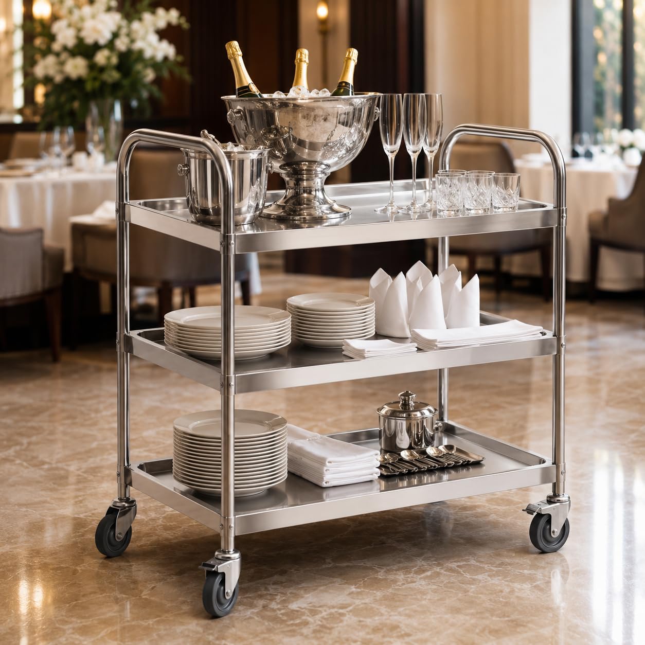 Carro de cocina de acero inoxidable con ruedas y frenos, 3 estantes, carro de servicio para cocina, restaurante, hotel, laboratorio, 50 x 40 x 86 cm