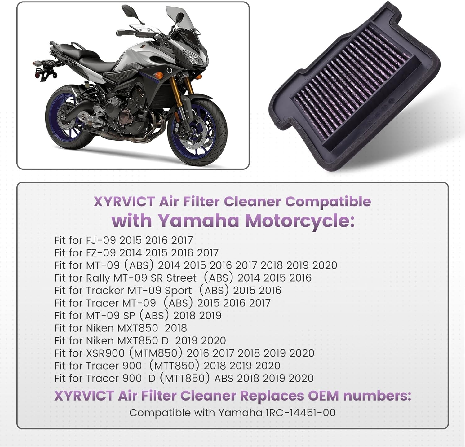 Air Filter for Yamaha MT09 2014 2015 2016 2017 2018 2019 2020, for XSR900 2016 2017 2018 2019 2020, for FZ09 2014 2015 2016 2017, for FJ09 2015 2016 2017, 1RC-14451-00, High Flow Air Element