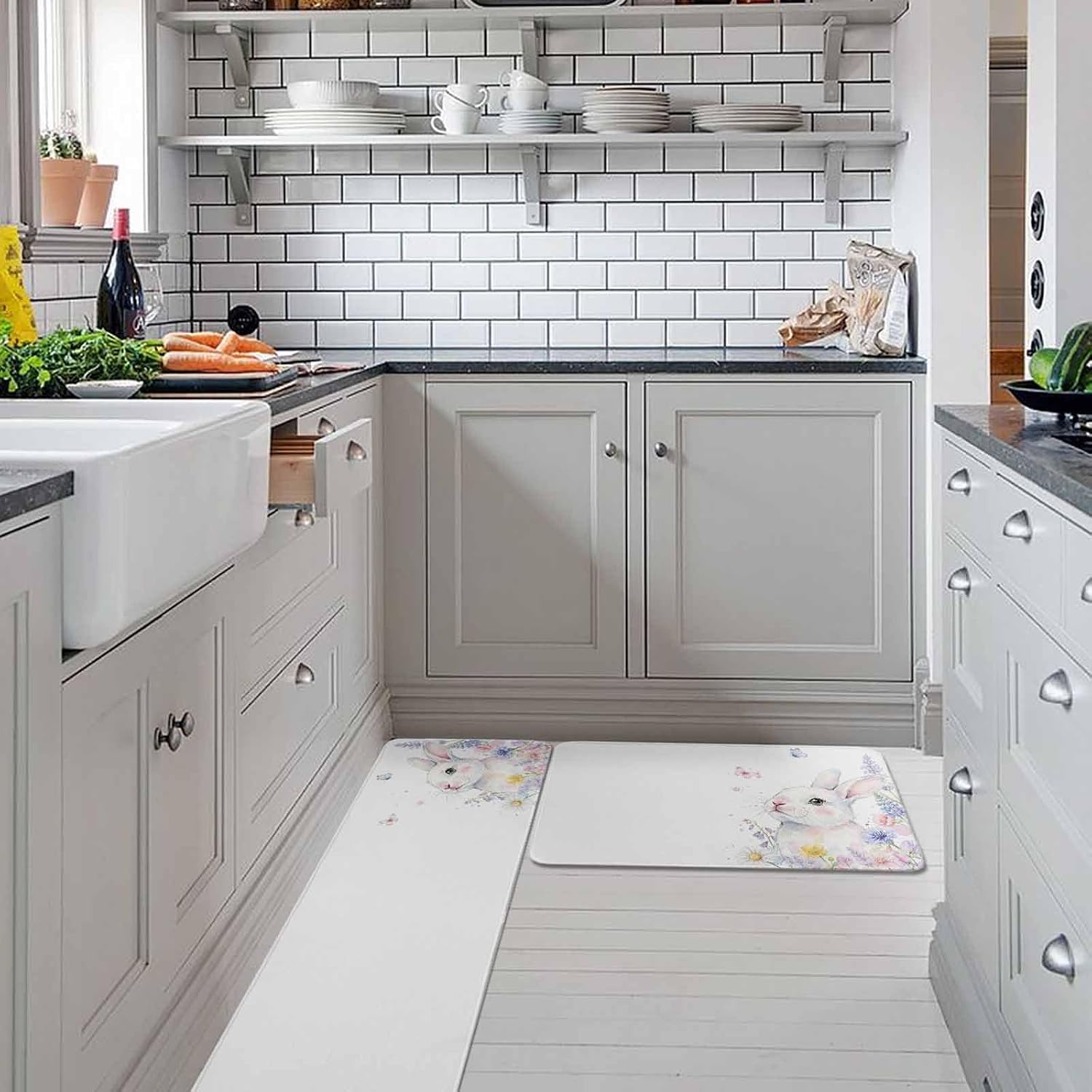 Easter Bunnies Kitchen Rugs and Mats Set of 2, Non-Slip Kitchen Sink Mat, Spring Rabbits Floral Butterflies Farmhouse Washable Doormat Bathroom Rugs Runner for Bedroom/Living Room 17.7"x30"+17.7"x59"