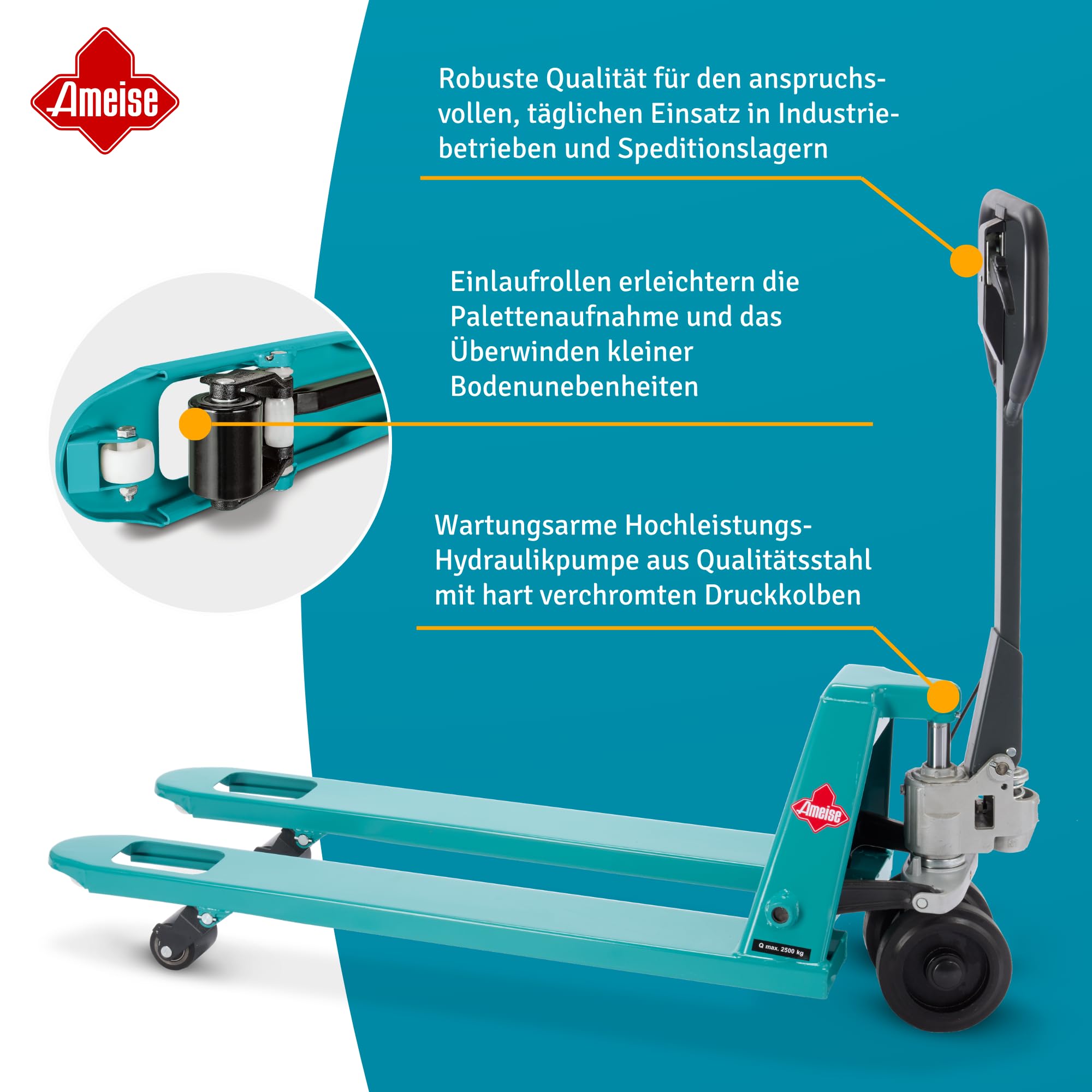 Ameise Hubwagen PTM mit Handbremse | 2.500 kg Tragkraft | 1.150 mm Gabellänge | Lenkrad aus laufruhigem Vollgummi | Einfach-Gabelrollen aus robustem Polyurethan | Palettenhubwagen für Rampeneinsatz
