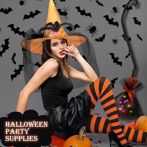 Miniatura 7 de 3 piezas de disfraz de bruja brillante de Halloween, sombrero de bruja brillante, escoba a rayas ajustadas para mujer, bruja cosplay, fiesta de