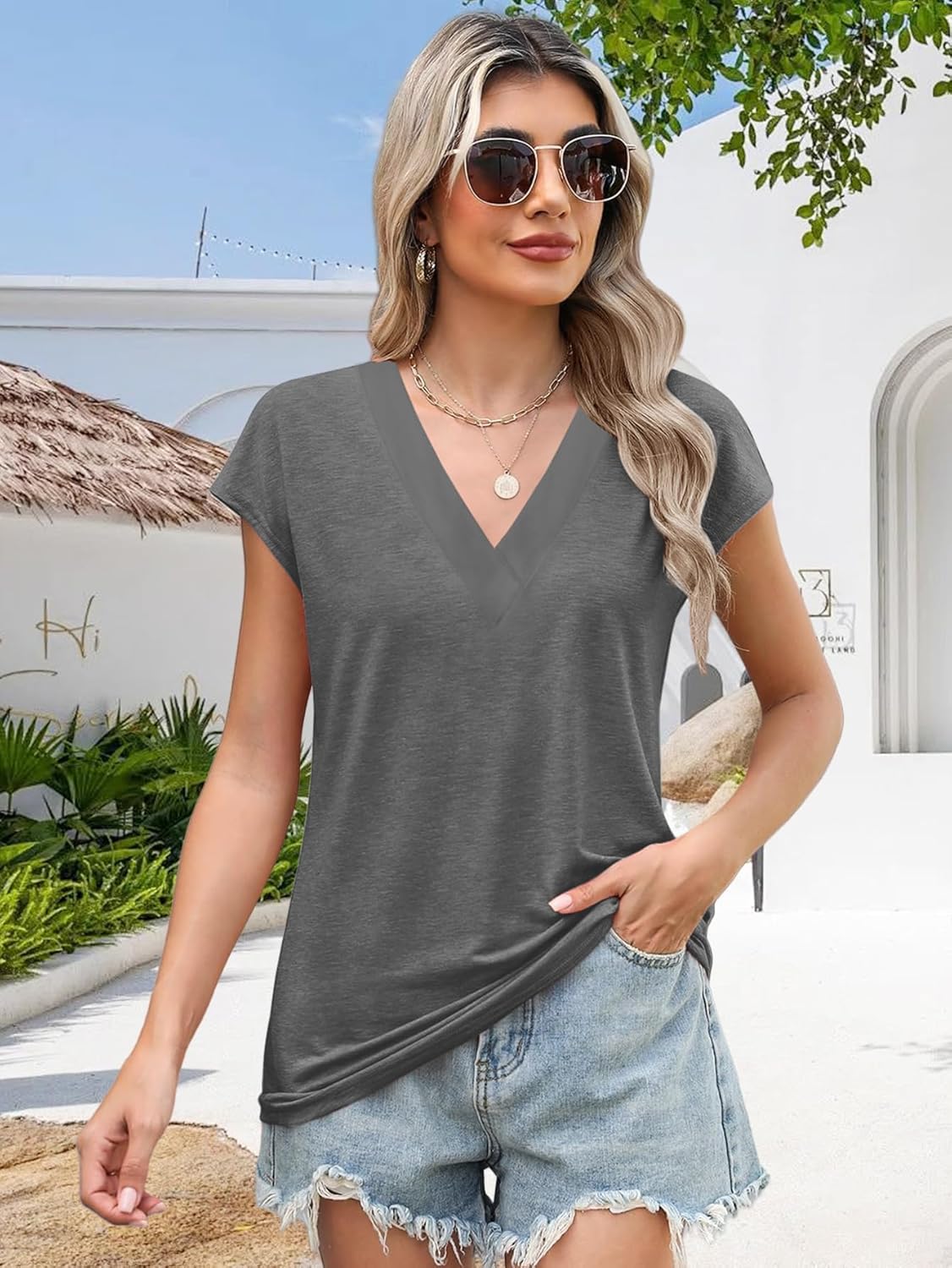 Womens Summer Tops Casual Spring V Neck T Shirts Cap Sleeve Basic Trendy Blouses Beach Vacation Clothes Fashion Outfits 2026 - Image 5
