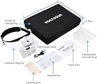 Vista 8 de YOCTOSUN Lupas con Luz 1X-14X, Lupa de Diadema LED Recargable con 6 Lentes y Estuche de Almacenamiento, Visor de Aumento de Cabeza Manos Libres