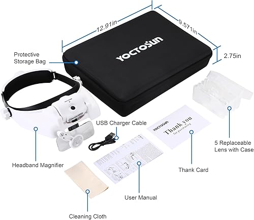 Miniatura 8 de YOCTOSUN Lupa con luz 1X-14X, lupa LED recargable con 6 lentes y estuche de almacenamiento, visera de aumento manos libres para trabajo cercano,