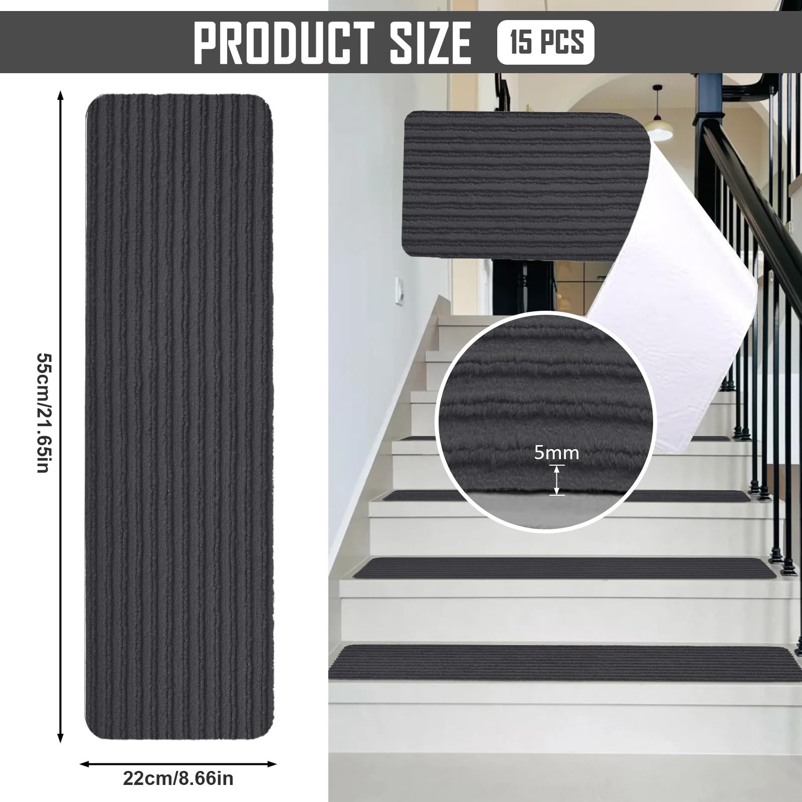 Tapis D'Escalier Antidérapant, Tapis Escalier Marche, Lot De 15 Marchettes D'Escalier Autocollantes Intérieur, Moquette Escalier Réutilisable Découper Pour Protéger Animaux (Grigio scuro, 55 X 22 Cm)