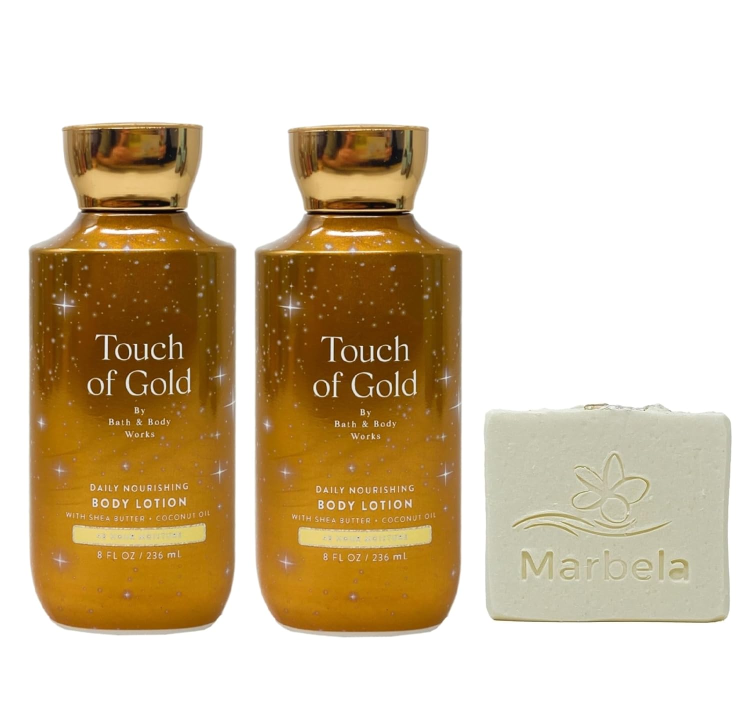 Bath & Body Works Touch of Gold 2-Pack Body Lotion Bundle with a Natural Oats Bar Soap - Full Size