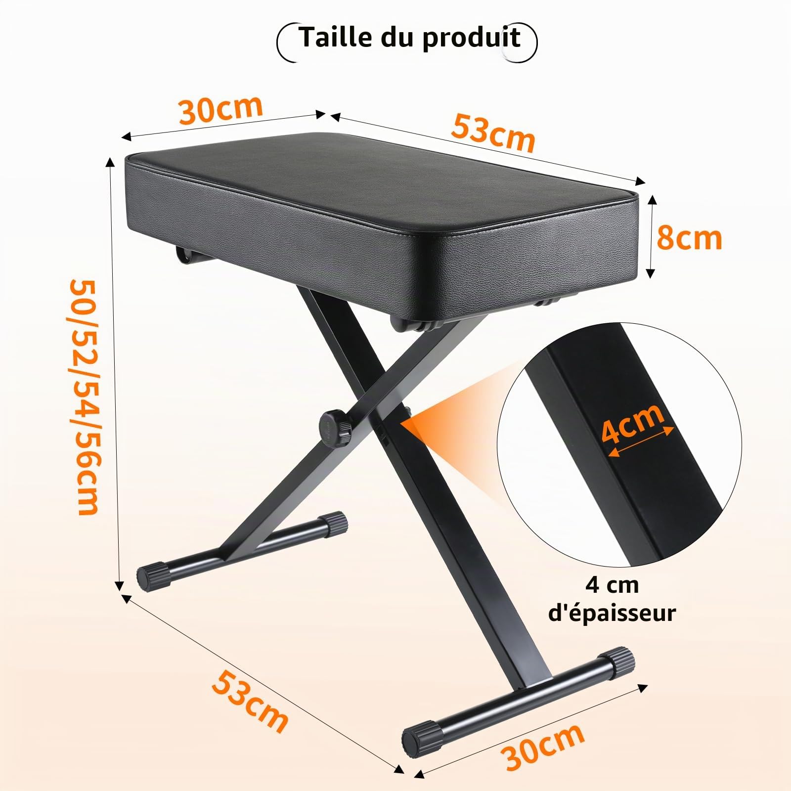 Tabouret Piano Reglable en Hauteur 50-52-54-56CM, Banc Piano avec Coussin en PU de 8CM, Banquette Piano Pliable, Siege Piano en Forme de X, Chaise Piano Tabouret de Piano Capacité Portante 100KG, Noir