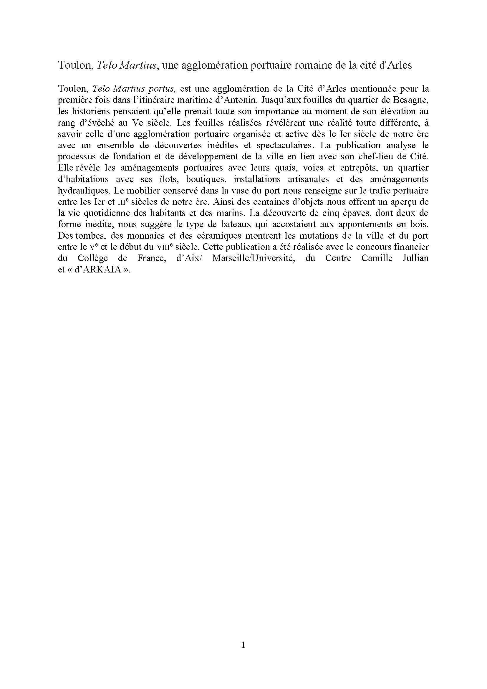 Toulon (Telo Martius), une agglomération portuaire romaine de la cité d'Arles: Les fouilles, le mobilier, les épaves (recherches 1978-1988)
