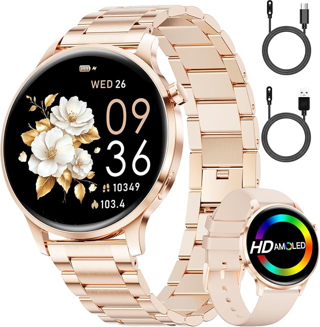 SUNKTA Orologio intelligente da donna 7,9 mm ultra sottile 1,32" AMOLED chiamate Bluetooth elegante Smartwatch per Android iOS,frequenza cardiaca,monitoraggio del sonno,contapassi, calorie,Oro Rosa