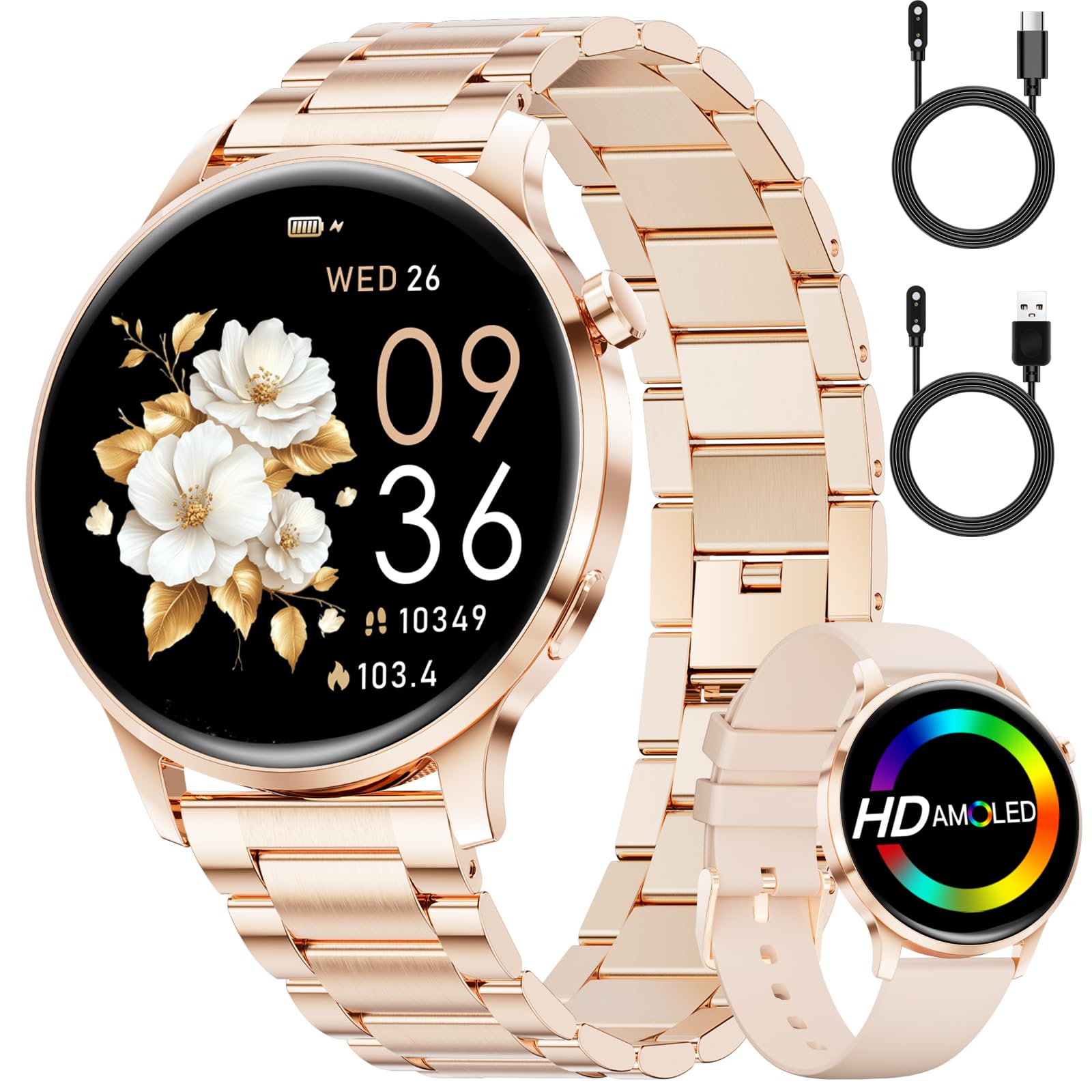 SUNKTA Orologio intelligente da donna 7,9 mm ultra sottile 1,32" AMOLED chiamate Bluetooth elegante Smartwatch per Android iOS,frequenza cardiaca,monitoraggio del sonno,contapassi, calorie,Oro Rosa