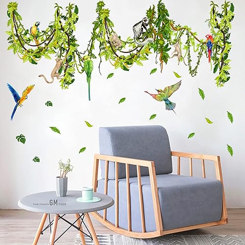 Miniatura 3 de Calcomanías de la selva tropical, hojas verdes, loros, animales de la selva, calcomanías de pared de árbol trepador de mono, calcomanía de pared de