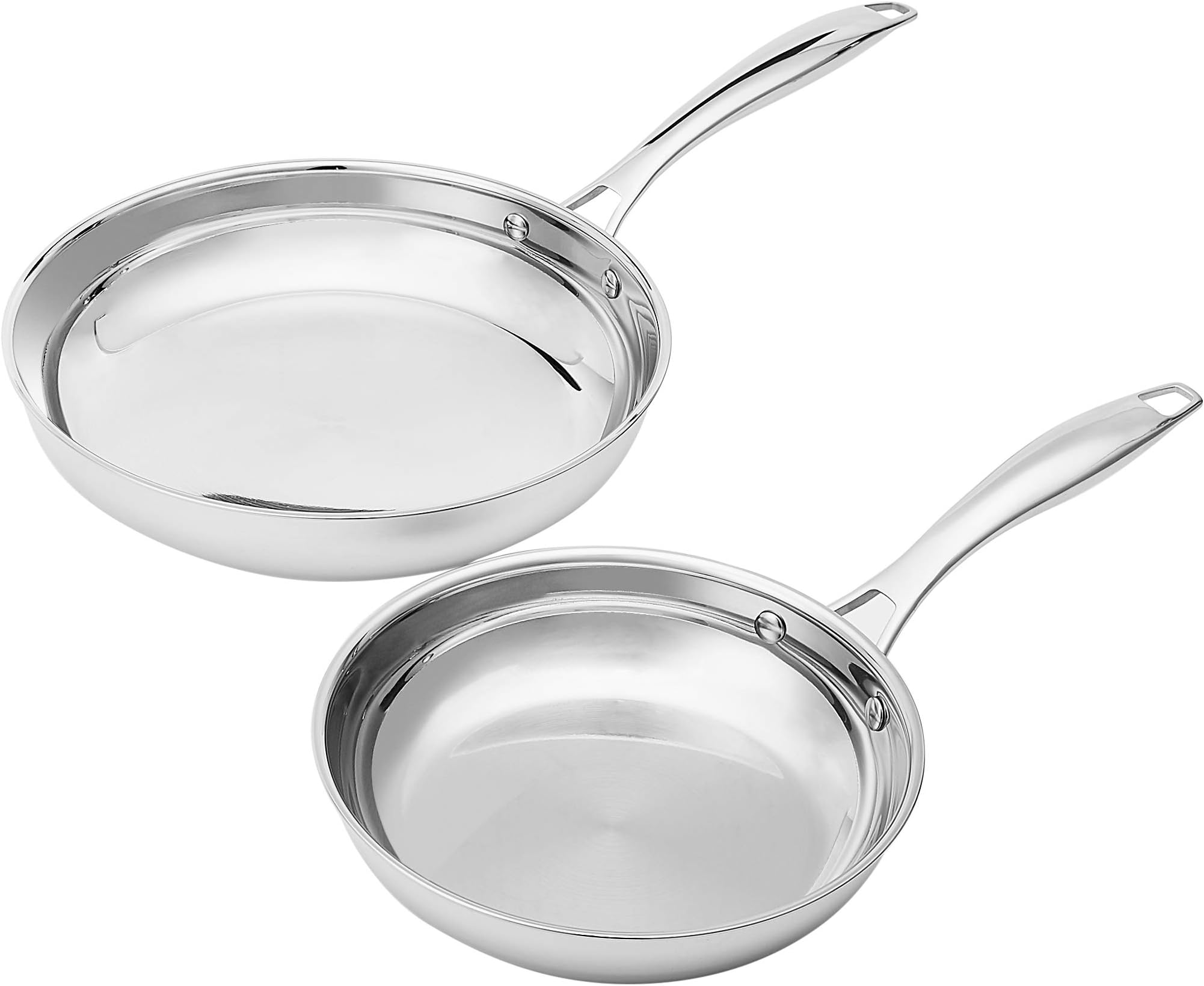 - Amazon Basics 2-Piece Stainless Steel Induction Frying Pan Set, Oven Safe, Riveted Handle, Heat Distributes Evenly, 8-inch & 10-inch, Silver
