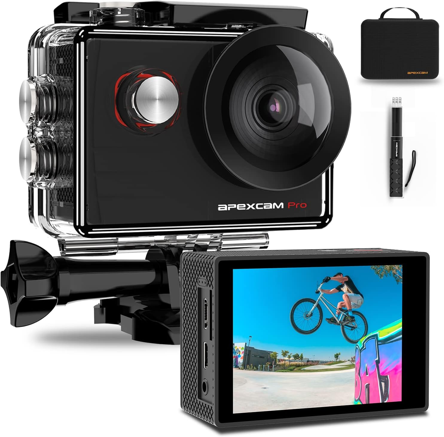 – Apexcam M90 Pro EIS Action Camera 4K 20MP WIFI for Sports 170°Wide-Angle 40M Waterproof with Remote Control Selfie Stick 2 Rechargeable Batteries and Accessories Kit