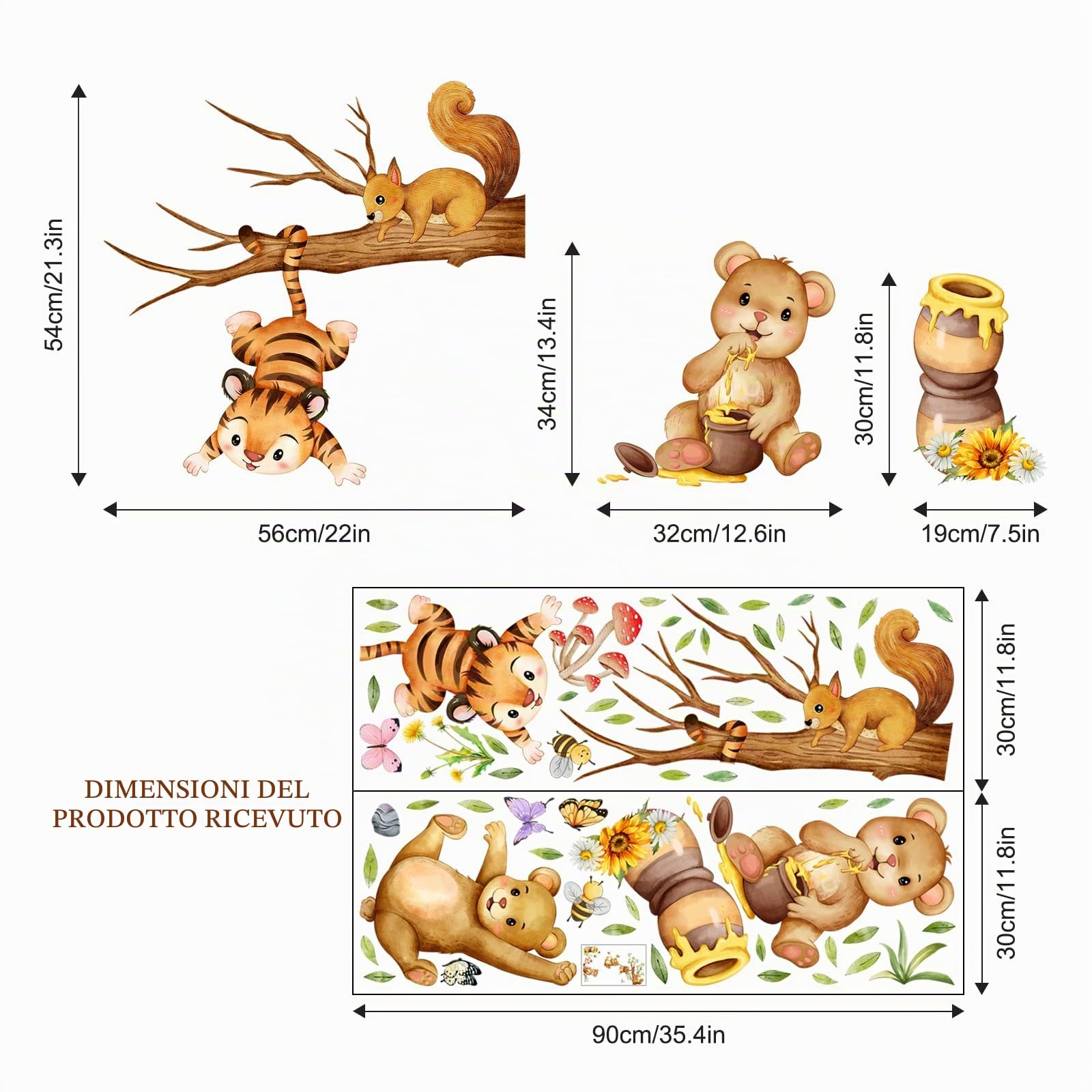 Supzone Adesivi Murali Animali Foresta Tigre Orso Scoiattolo Dondolando Miele Albero Ramo Decorazione Murale per Camerette Bambini