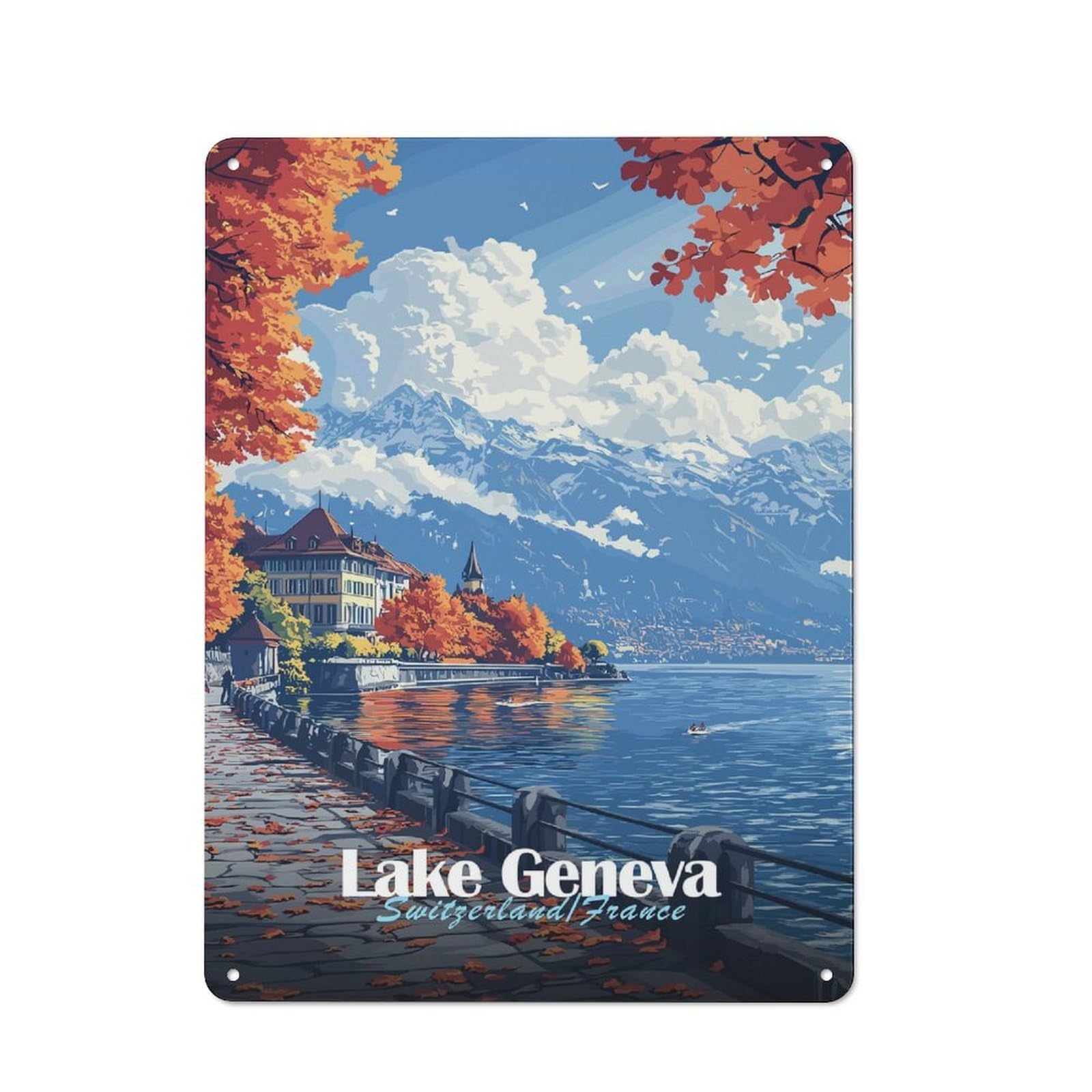 Junmoney Style-24 Lake Geneva Autumn Landscape Retro Metal Wall Sign 40X30cm For Guest Room Or Hallway, A Housewarming Gift For Home Decor Collectors