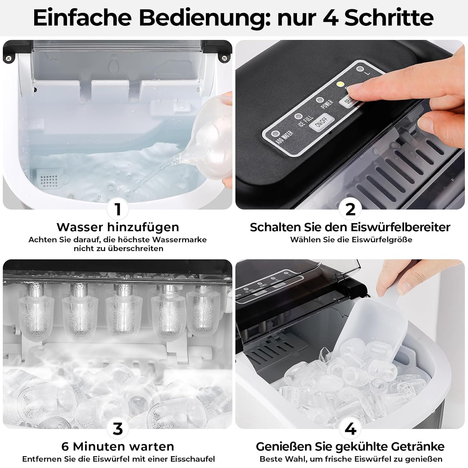 Maquina de Hielo, 9 Cubitos de Hielo en 6 Minutos,12kg/24h, 2 Tamaños de Cubitos, Maquina de Hacer Hielo con Autolimpieza, con Asa de Transporte/Pala para hielo, Maquina Hielo para Casa/Cocina/Oficina