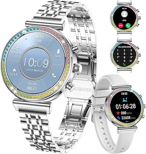 Vista 8 de Reloj inteligente para mujer, pantalla HD de 1.27 pulgadas, Bluetooth llamadas, rastreador de actividad física, reloj inteligente deportivo para Oro