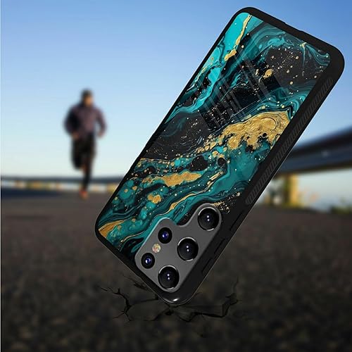 Miniatura 3 de Funda para teléfono Samsung Galaxy S21 Ultra con protector de pantalla de vidrio templado delgado, cubierta negra, diseño elegante de mármol verde
