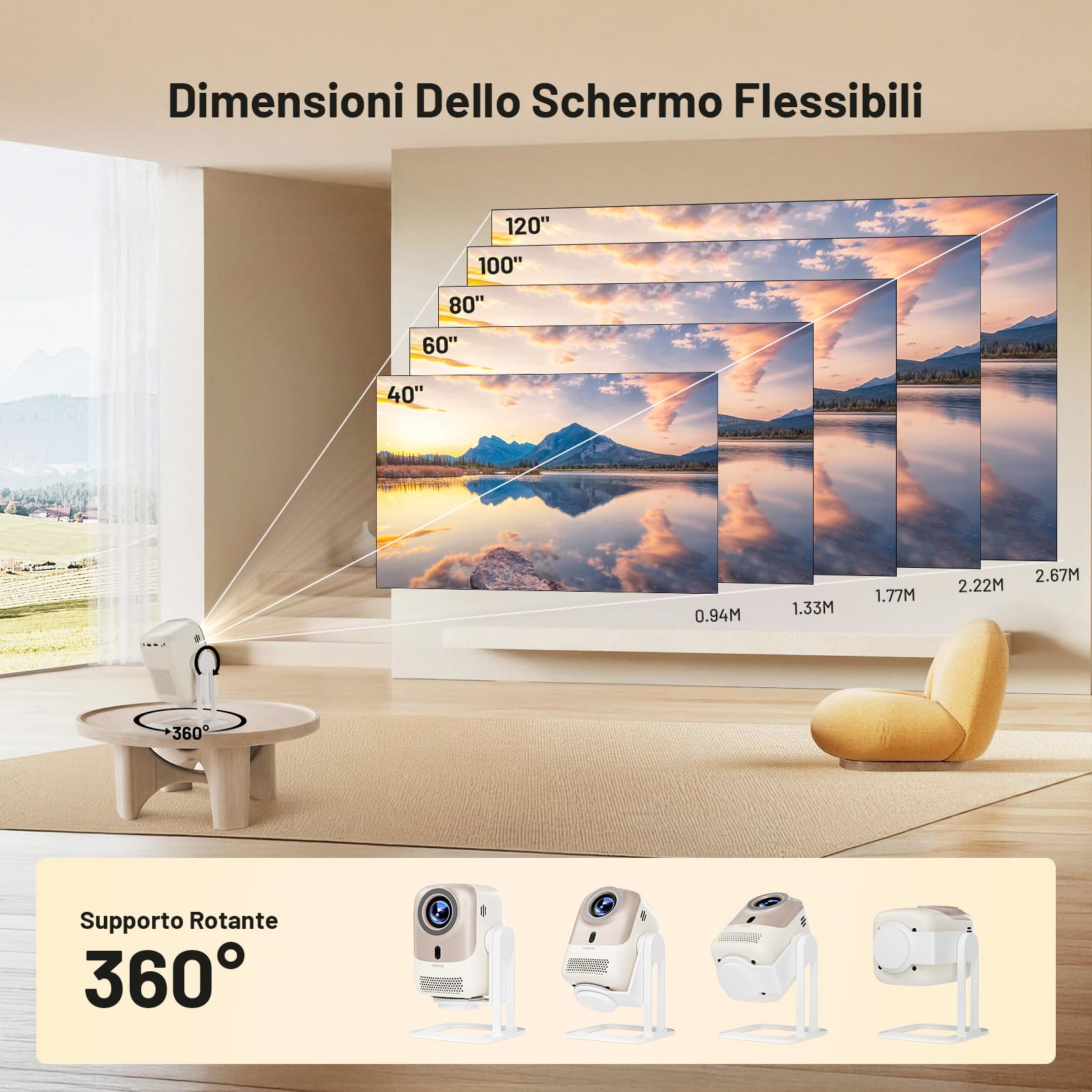 Proiettore【Auto Focus/Keystone & Rotazione a 360°】Smart Projector Portatile con Android OS,Supporto 4K,1080P Nativo,450 ANSI,WiFi 6 Bluetooth 5.2,Home Cinema Proiettore per iOS/Android/PS5/USB/HDMI
