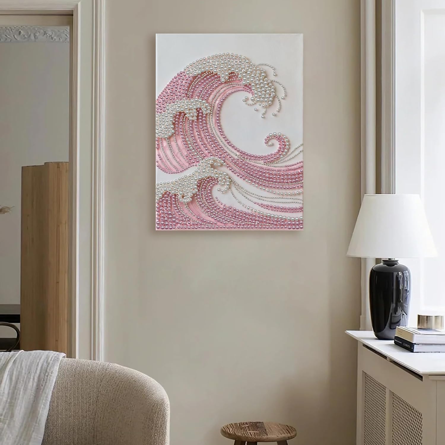 Framed Pearl Painting Kits for Adults - 12x16in DIY Pink and White Waves Diamond Art Kit with Picture Frame, 5D Ocean Abstract Pearl Gem Dot Craft for Beginners, Modern Home Wall Decor Gift Set