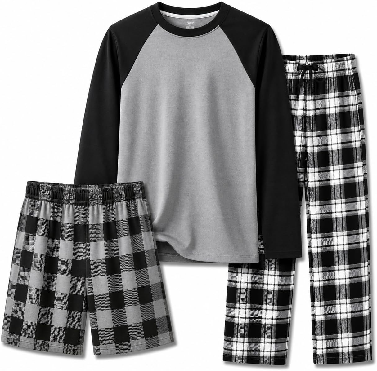 US Angels Boys Pajamas Set | 3-Piece Pant, Shirt, Shorts Sleepwear Pjs for Kids | Loose Fit, Soft, Breathable Blue Plaid