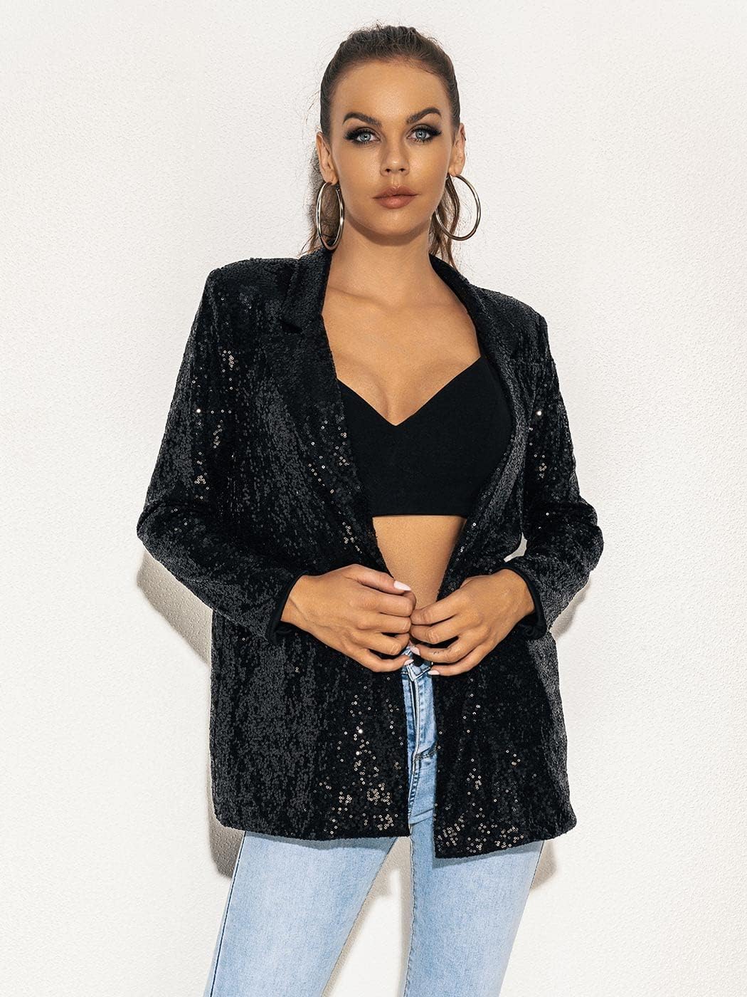 Edary Women's Sequin Jacket Casual Open Front Blazer Jackets Glitter Sparkle Lapel Long Sleeve Cardigan Coat WT30 - Image 3